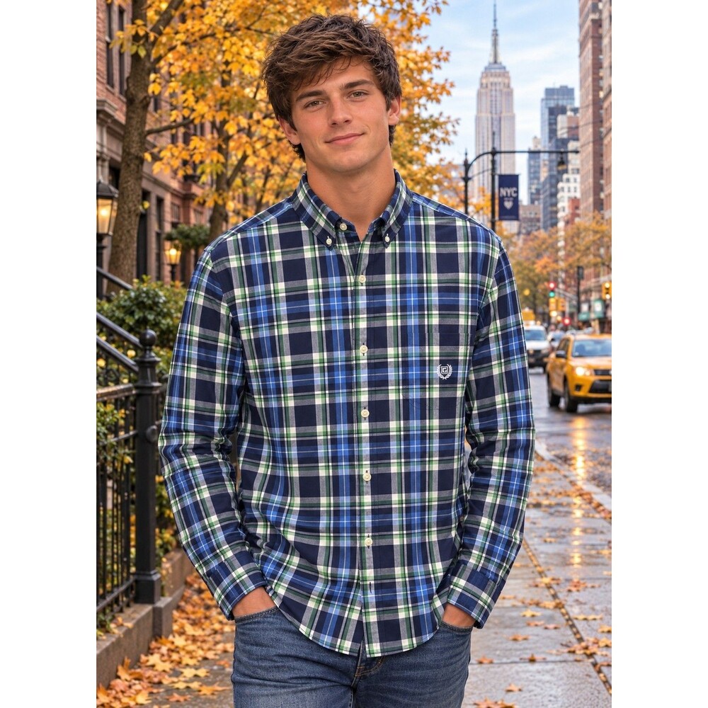 Chaps Men’s XL Plaid Button-Down Shirt - Blue & Green Easy Care Long Sleeve